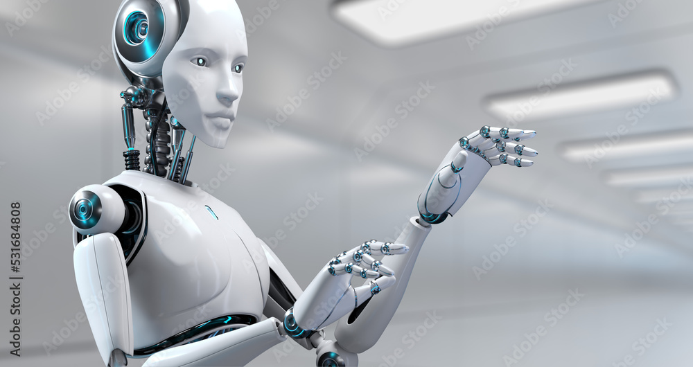 Poster robot cyborg 3d render innovation technology robotisation.