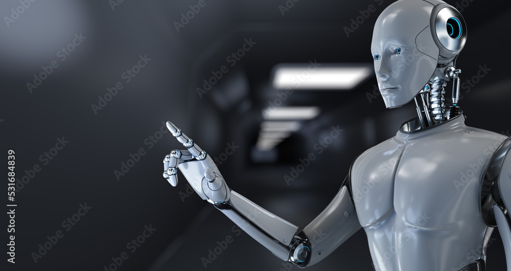 Poster robot cyborg 3d render on blurred background. innovation technology robotisation.