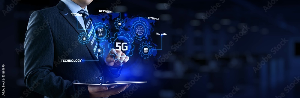 Poster 5g high-speed internet connection concept. businessman pressing button on screen.