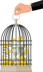 Bird cage full of gold coins and banknotes.