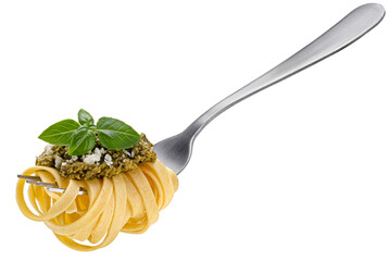 Fettuccine on fork, spaghetti isolated on white background