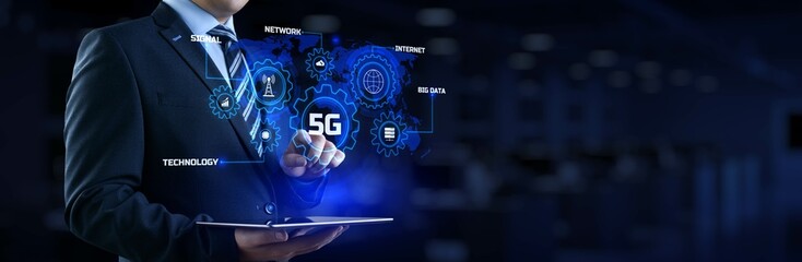 5G High-speed internet connection concept. Businessman pressing button on screen.