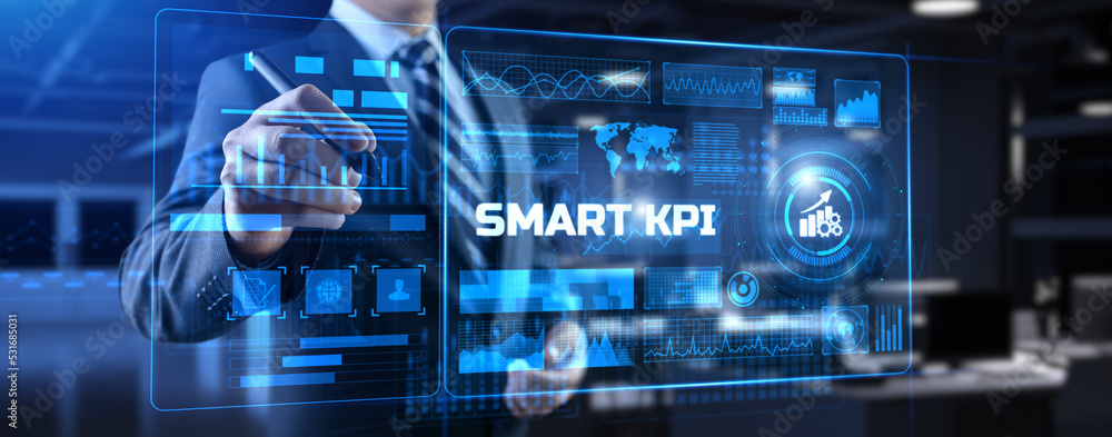 Poster smart kpi key performance indicator business technology concept on screen.