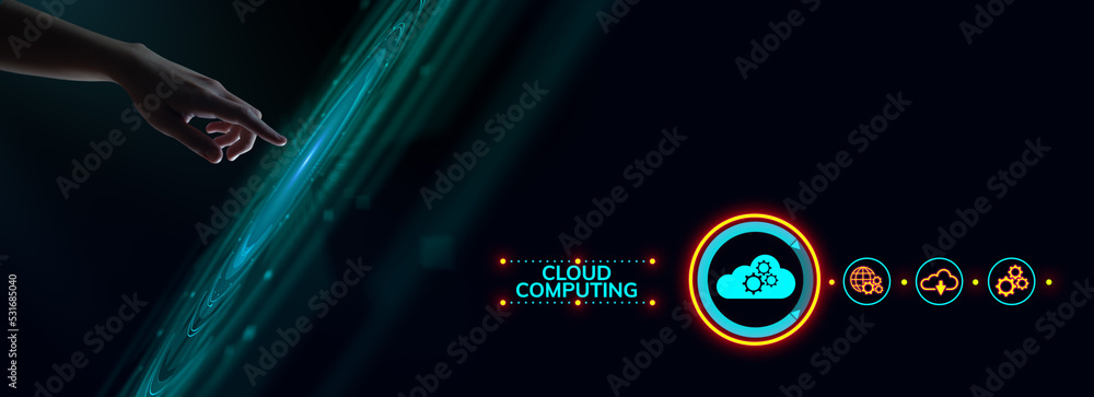 Poster cloud computing technology concept. business infrastructure service. hand pressing button.