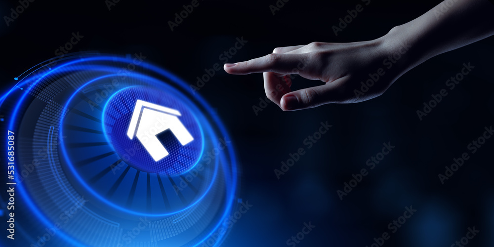 Poster smart home automation wireless control iot internet of things concept. hand pressing button.