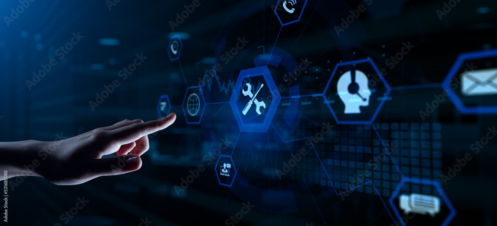 Poster technical support customer service guarantee quality assurance. hand pressing button on virtual scre