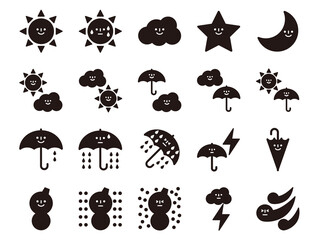 顔入り天気アイコンのセット_黒ベタ