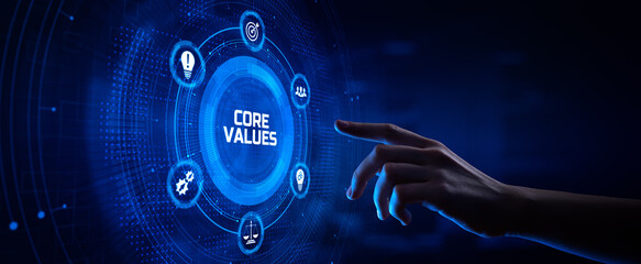 Core values corporate mission vision responsibility. Hand pressing button on screen.