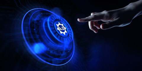 Industry 4.0 Smart manufacturing lean business innovation technology concept. Hand pressing button.