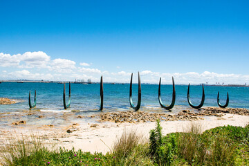 Kurnell Kamay Botany Bay National Park. James Cook landing place. Travel destination historical site. The Eyes of the Land and Sea sculpture.