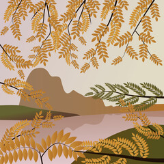 The postcard hello autumn. Autumn atmosphere. Vector illustration