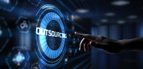 Obraz na płótnie Canvas Outsourcing HR Global Recruitment Business finance concept. Hand pressing button on screen.