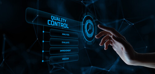 Quality Control Assurance Standards technology concept. Hand pressing button on virtual screen.