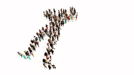 Concept or conceptual large community of people as a bodybuilder image on colorful background. A 3d illustration metaphor for sport, competition, training, athlete, power, strength and nutrition