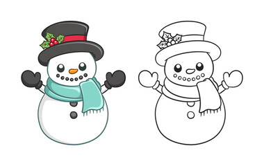 Cute snow man wearing a top hat with mistletoe and scarf outline and colored doodle cartoon illustration set. Winter Christmas theme coloring book page activity for kids and adults.