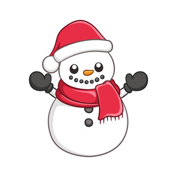 Cute snow man wearing a Santa hat and scarf cartoon illustration. Winter Christmas theme clip art.