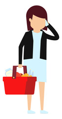 Woman holding store basket and talking on phone