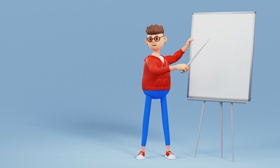 3d cartoon character, man holding a stick and pointing at an empty board.