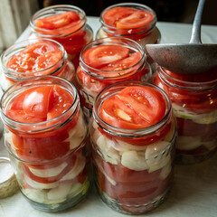 Canning fresh tomatoes with onions for winter in jelly marinade. A shot of basil leaves on top of a red ripe tomato slices and onion rings being put in jar.