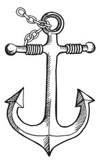 Anchor on chain sketch. Metal ship device. Nautical symbol