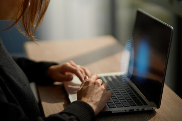 businesswoman Fingerprint scanning and biometric authentication, cyber security and fingerprint password, future technology and cybernetics.