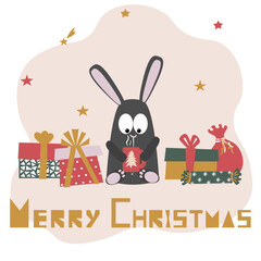 Hare or rabbit with a cup among gifts and stars. Vector illustration with text Merry Christmas. Card with the symbol of 2023