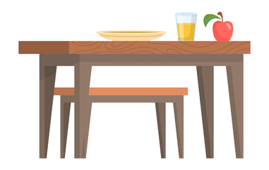 Breakfast icon. Wooden table with food in cartoon style
