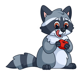 Raccoon holding apple. Hungry animal with tongue out