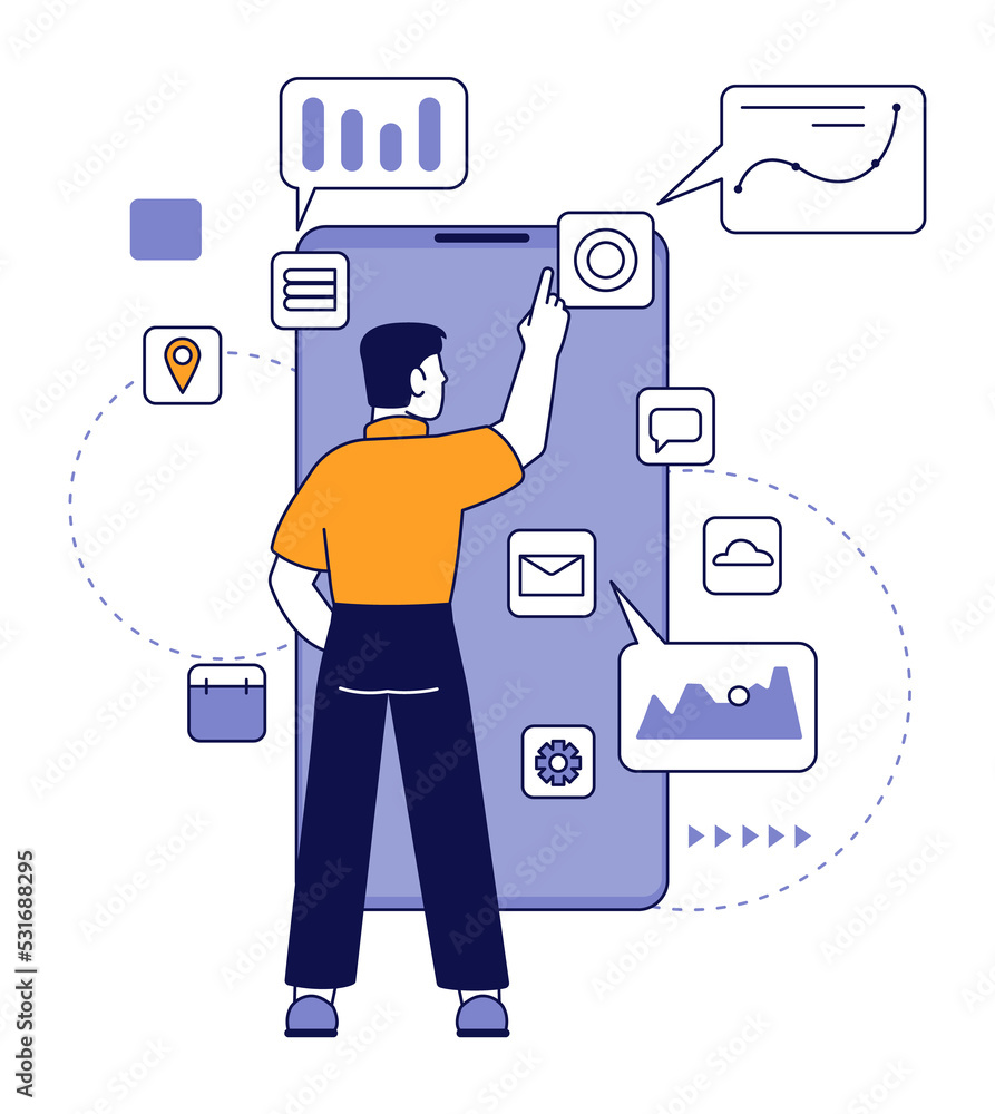 Poster interface design concept. man placing dashboard elements on screen