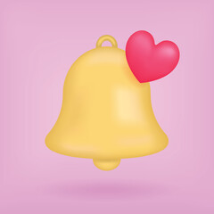 Notifications icon with pink heart. Yellow bell Icon heart. Realistic 3d object. Realistic creative conceptual symbol of notifications. Vector illustration