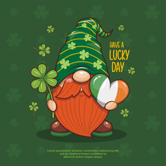 Happy Saint Patrick's Day With Cute Gnome Leprechaun, Shamrock And Irish Heart. Cute Cartoon Illustration