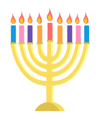 Hunukkah menorah icon vector illustration isolated on white background Golden menora sticker with 7 bright colorful short thick candles. Vector illustration in flat style 
