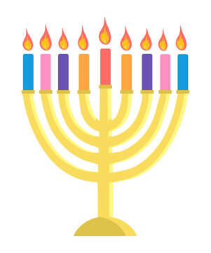 Hunukkah menorah icon vector illustration isolated on white background Golden menora sticker with 7 bright colorful short thick candles. Vector illustration in flat style 