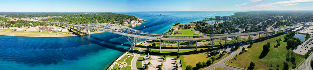 Aerial panorama of the Blue Water Bridge bordering Sarnia and Port Huron