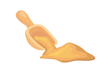 Spoonful of cane sugar. Wood spoon with brown granulated product, cartoon png flat icon illustration