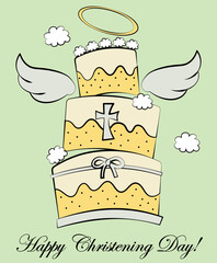 Happy Christening cake invitation card. Vector illustration doodle for baby and child baptism day.