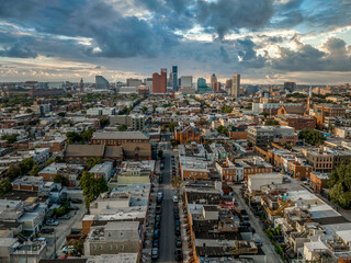 Aerial view of high rise office buildings in downtown Baltimore and the Federal Hill neighborhood...