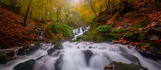 Sevenlakes (Yedigöller) National Park, the most beautiful colors of autumn, the waterfall was...