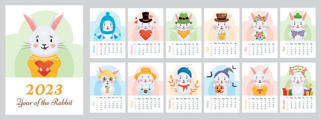 Template 2023 calendar cover cute rabbit. Cover and 12 months vector printable template. Bunny in hats in seasonal. 