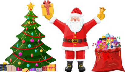 Funny santa claus character and christmas tree