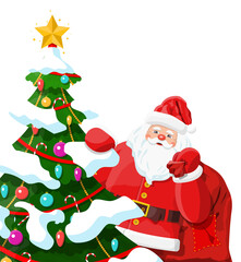 Funny santa claus character and christmas tree