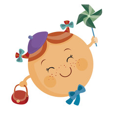 planet venus with pigtails in a cute blue beret with a small brown handbag and a blue bow, idd.stration cartoon, isolated object on a white background, vector,