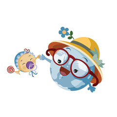 the planet in panama with a blue flower holds the moon by the hand, which sucks a pacifier and is dressed in a bonnet, cartoon illustration, isolated object on a white background, vector,