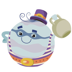 planet jupiter as a strongman from the circus with a mustache, in shortaz and with a big kettlebell in his hand, cartoon illustration, isolated object on a white background, vector,