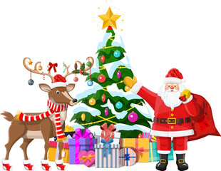 Santa claus, his reindeer and christmas tree