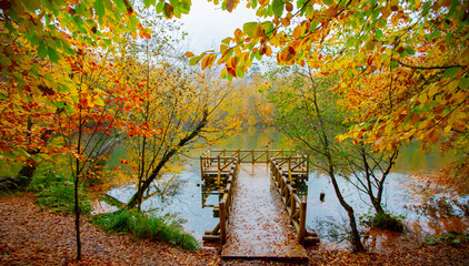 Sevenlakes (Yedigöller) National Park, the most beautiful colors of autumn, the waterfall was...