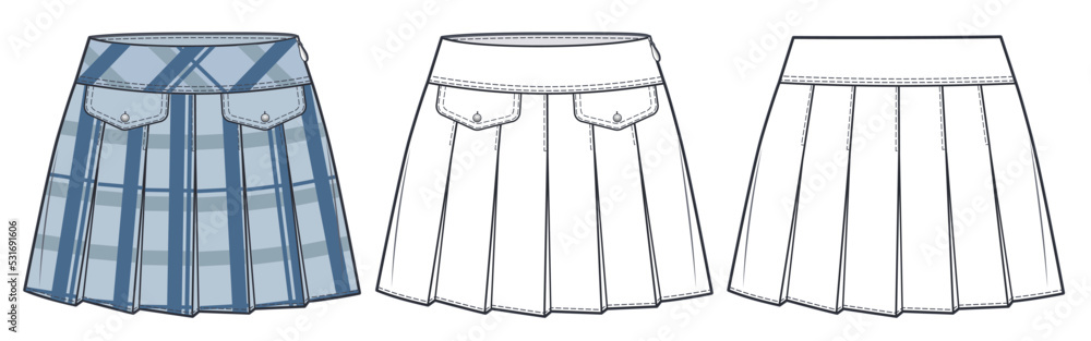 Wall mural Pleated Skirt technical fashion illustration, Plaid Skirt design. Mini Skirt fashion flat drawing template, pleated, pockets, side zip up, front, back view, white, blue, CAD mockup set. - Wall murals