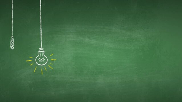 Animation einer mit Kreide gezeichneten Gl&uuml;hbirne auf einer gr&uuml;nen Schultafel. Gl&uuml;hbirne f&auml;llt von oben ins Bild, beginnt flackernd zu leuchten und schaltet sich dann wieder aus.