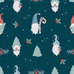 Seamless pattern with Christmas scandinavian gnomes with caramel stick and christmas tree on emerald background with New Years mistletoe and snowflakes. Vector illustration. cartoon cute style