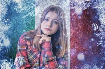 Teenage girl on frozen background with flag of Italy. Concept of crisis in Europe in winter. Energy crisis.